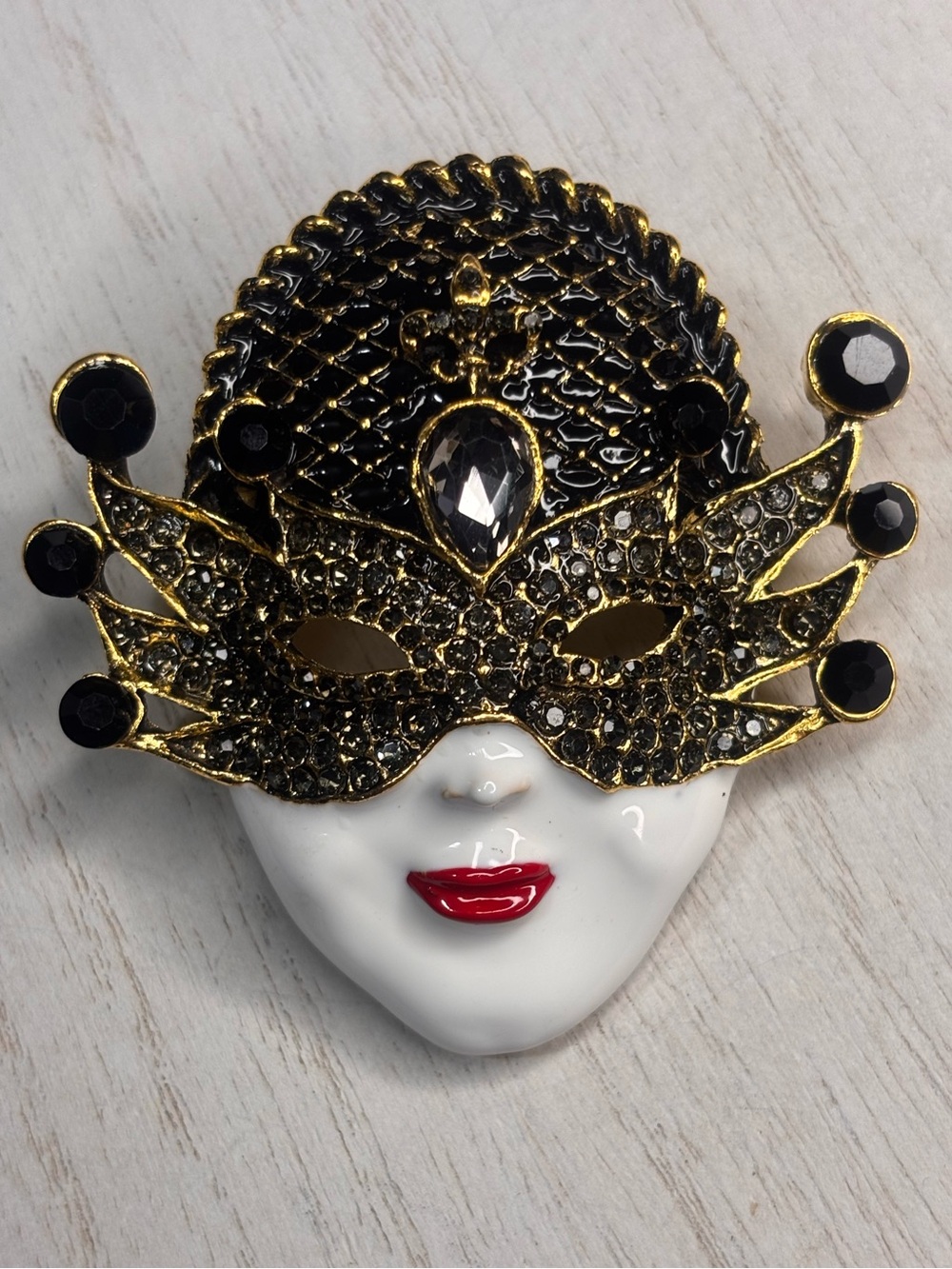 Large Venetian Mask Face Brooch Pin Black Gold Rhinestone